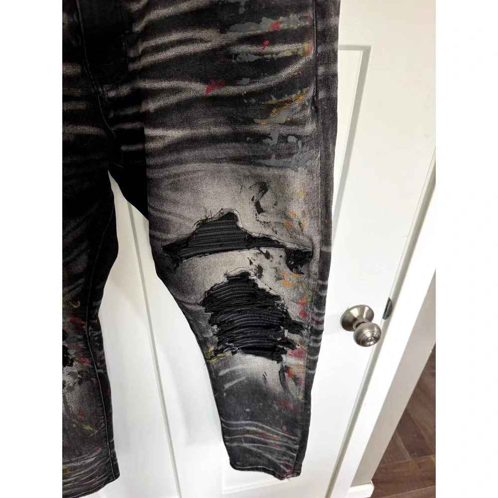 Jordan Craig Legacy Sean Black Distressed Paint Splatter Moto Jeans 38x32